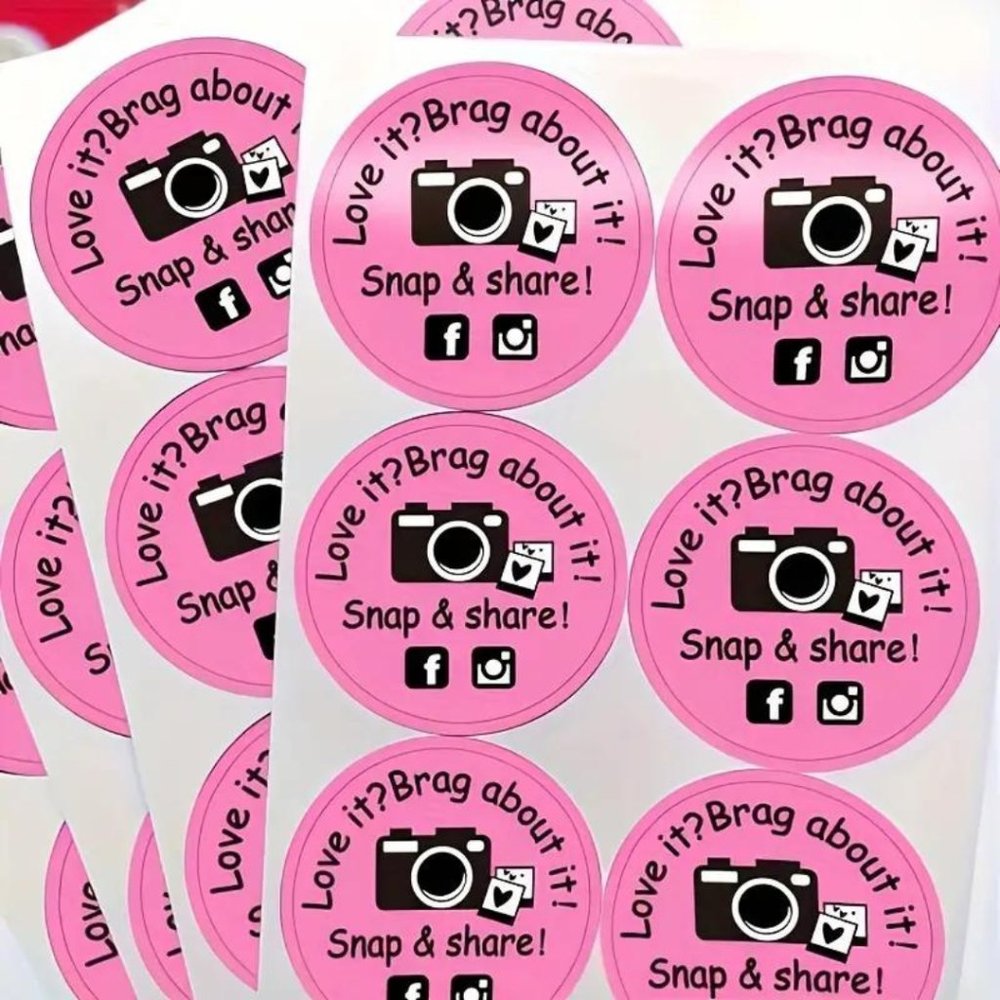 60 Pink “Love It? Brag About It!” Snap & Share Social Media Thank You Stickers